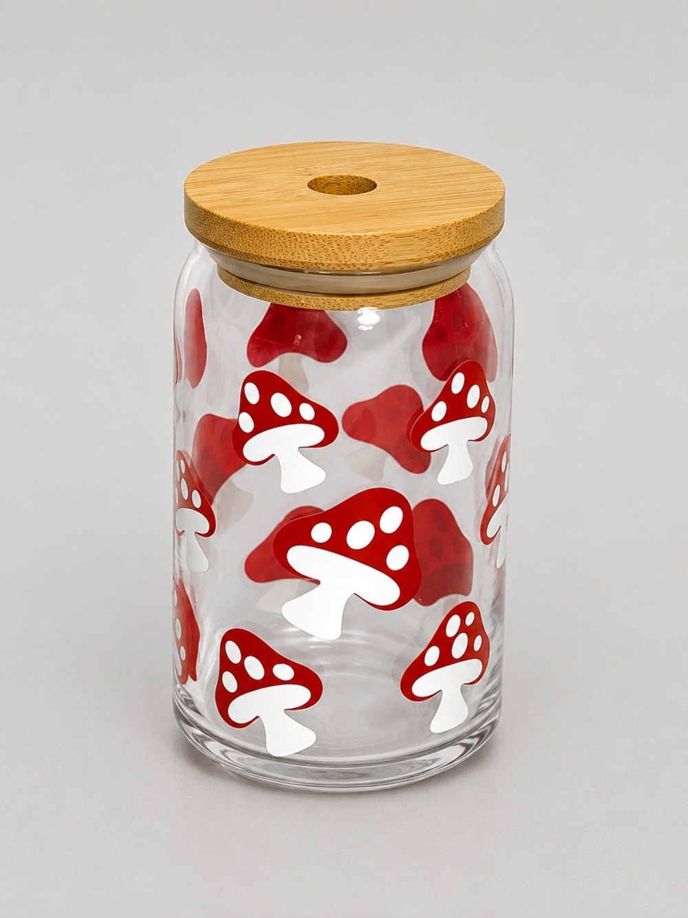 Red Mushrooms 16oz Libby Can Glass Tumbler with Bamboo Lid